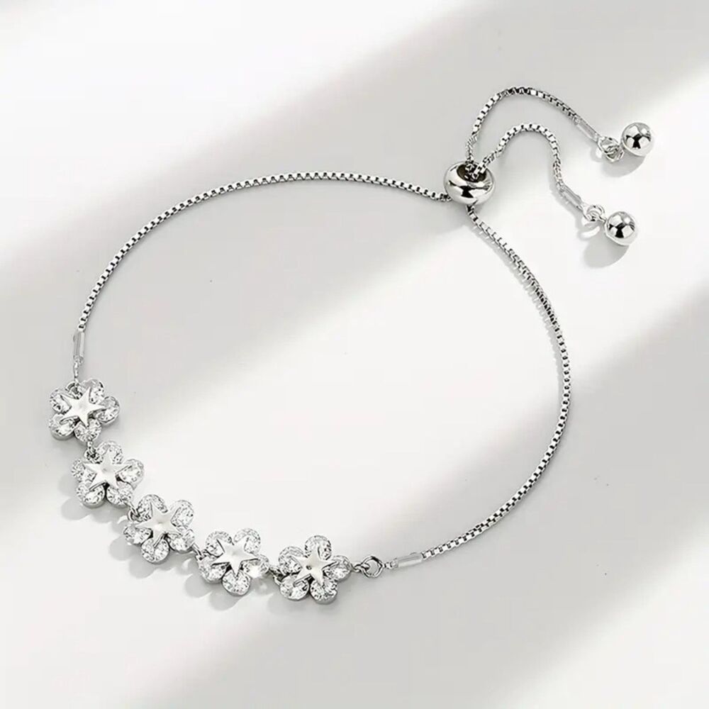 Dainty Elegant Chic Adjustable Crystal Flower Silver Toned Bracelet